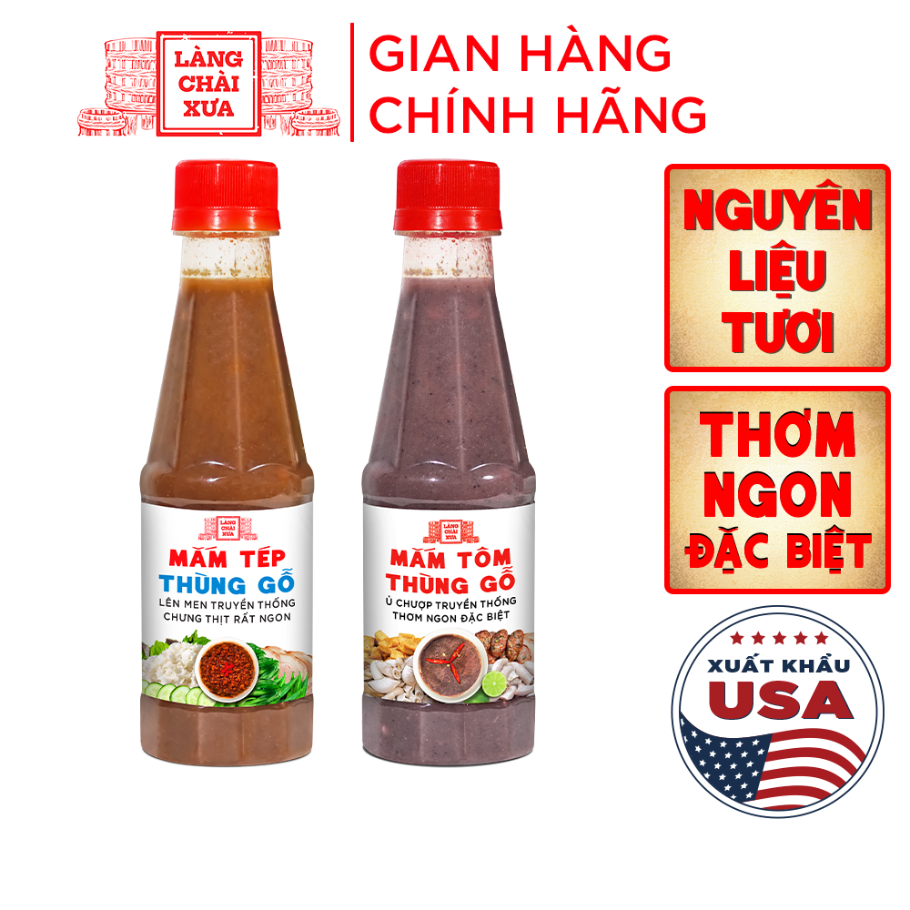 [Combo 2 chai] Mắm tép & Mắm tôm thùng gỗ Làng Chài Xưa nguyên liệu tươi, thơm ngon đặc biệt chai 260g