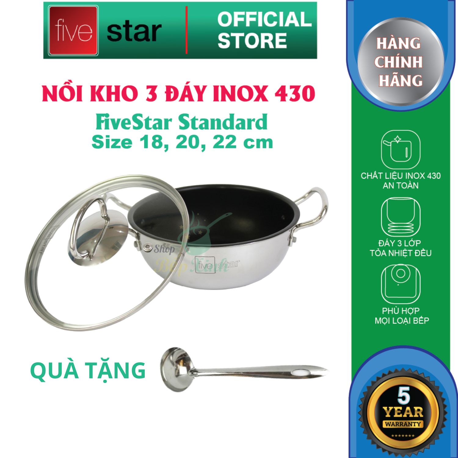 Nồi chống dính kho cá 3 đáy từ inox 430 Fivestar standard nắp kính 18cm / 20cm / 22cm ( tặng 1 vá canh )
