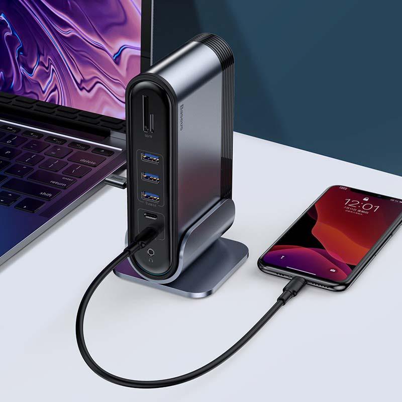 Bộ chuyển đổi Adapter Hub Baseus Work Station 16 in 1 hỗ trợ mở rộng kết nối Lan , TF, AUX, HDMI, VGA, USB 3.0, Type C cho PC, Laptop