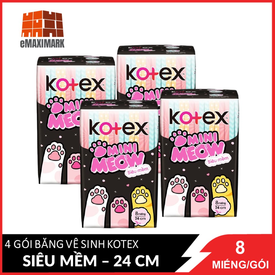 Combo 4 băng vệ sinh kotex mini meow siêu mềm 8 miếng - 24 cm