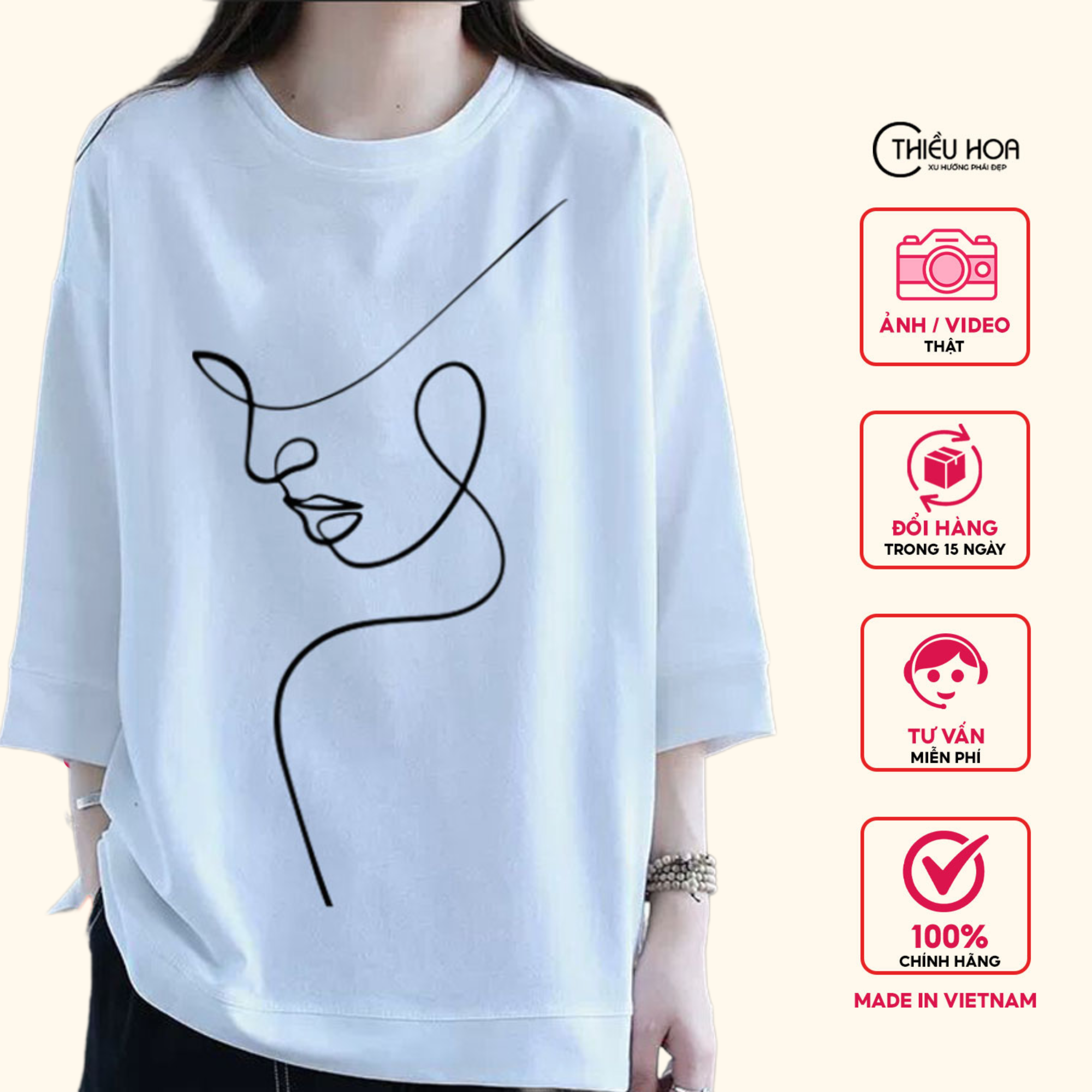 Áo thun nữ trung niên, thiết kế tay lỡ họa tiết trang trí độc đáo bắt mắt, chất liệu mịn mát form rộng thoải mái Thiều Hoa T1104