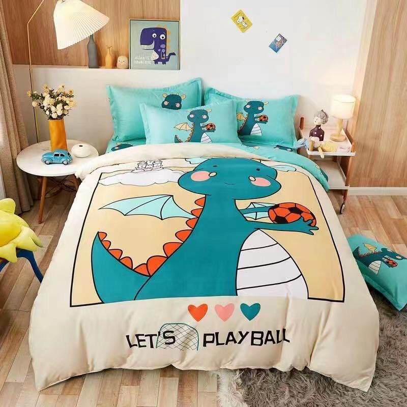Trọn bộ chăn ga gối cotton tina mẫu khủng long bóng phù hợp cho bé trai. nhiều họa tiết hoạt hình ngộ nghĩnh dễ thương. kirin store