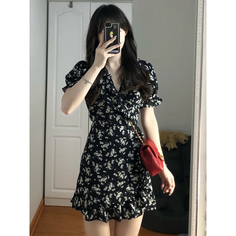Váy hoa nhí chất voan cát, đầm voan hoa cổ chữ V màu đen thời trang mùa hè
