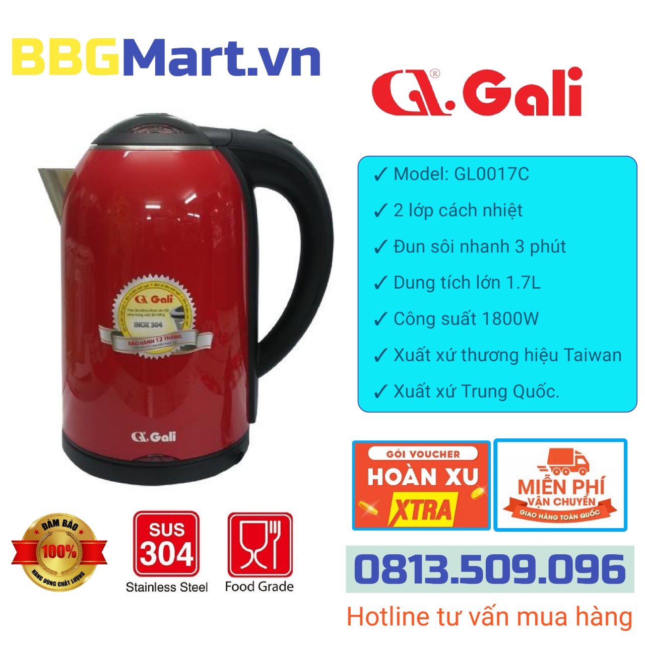Ấm siêu tốc gali gl-0017c 1800w 1.7l