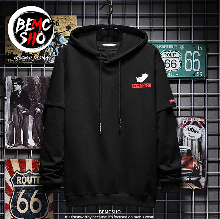 [ Free Ship Max ] Áo Hoodie Phong Cách Mũ Trùm Đầu Biểu Tượng Mèo Nhỏ DEMISCHU Phối Tay Giả Hai Lớp Kiểu Dáng Trẻ Trung Sành Điệu  Glamour TOP NAM 156