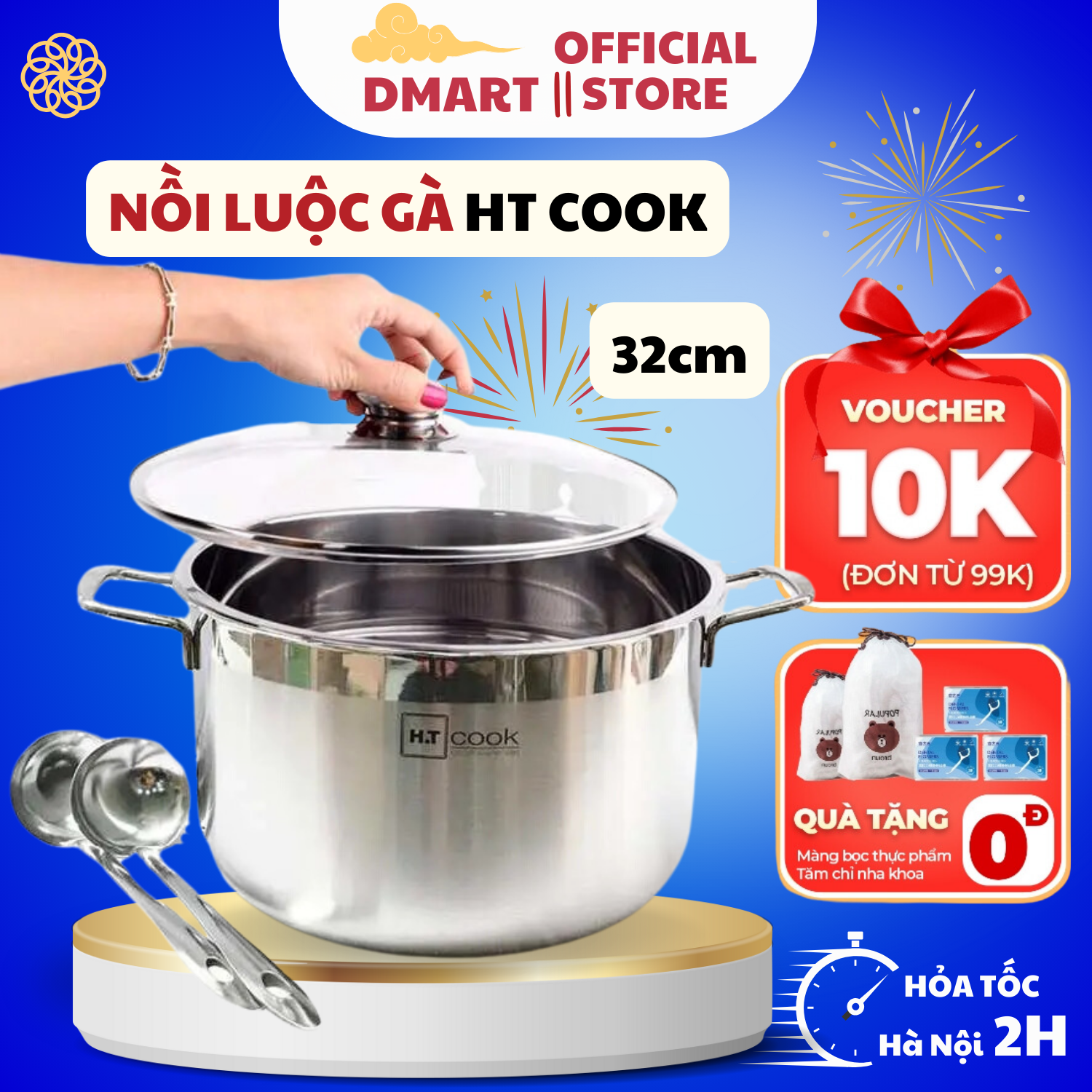 Nồi luộc gà inox cao cấp HT COOk 32cm, dung tích 15L luộc gà to - Nồi luộc gà inox nắp kính cao cấp