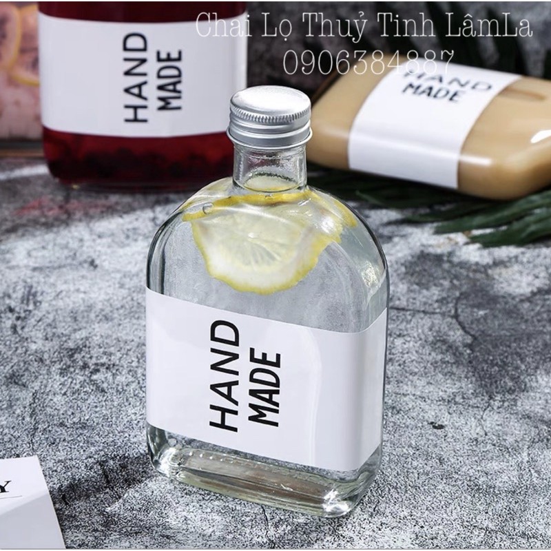 [HCM]Chai Thuỷ Tinh Dẹp Cổ Cò Nắp Nhôm Bạc 350ml | Đựng Coffee  Nước Ép  Trà Sữa