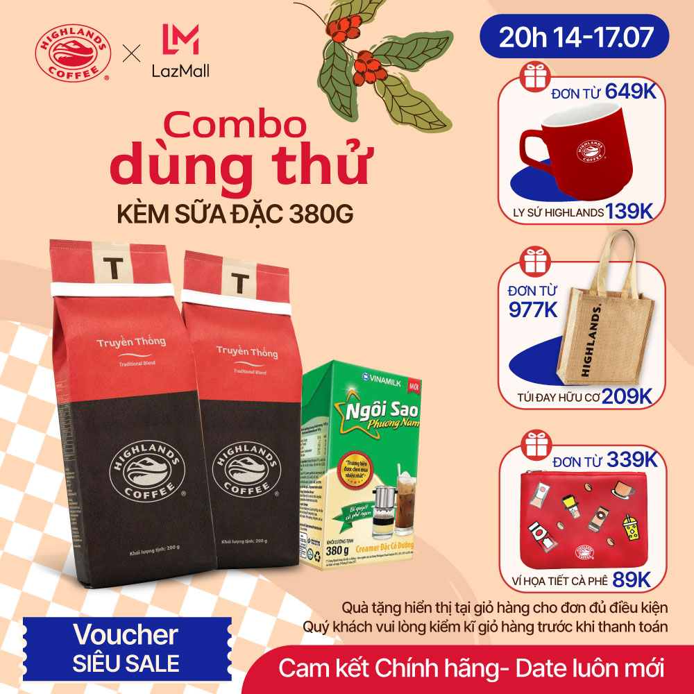 COMBO gồm: 2 gói Cà phê rang xay Truyền Thống Highlands Coffee 200g và 1 hộp sữa đặc