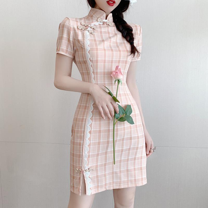 [Hàng Hot] Đầm Váy Nữ Sườn Xám Cách Tân Họa Tiết Ca Rô Chạy Viền Cổ Cao Chất Thun Dẻo Co Dãn Tốt Lên Đồ Tôn Vóc Dáng Cuốn Hút Nét Đẹp Dân Tộc Thời Trang Kiểu Cách Đi Chơi, Đi Dự Tiệc D.ONE FASHION, Mẫu Free Size (40-55Kg) Mặc Vừa