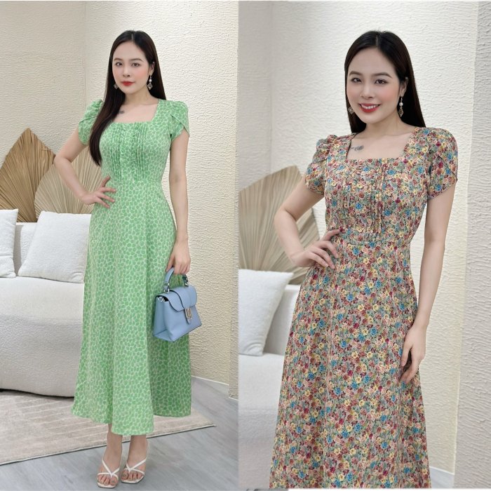 Đầm xòe hoa nhí form dài, cổ vuông xếp ly bèo, tay búp sen Misa - MS0243
