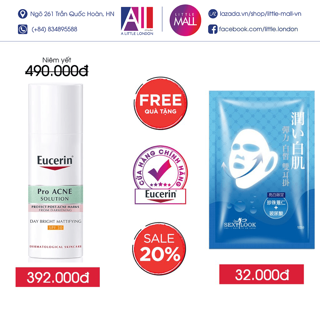 Kem Dưỡng Ban Ngày Phục Hồi Thâm Mụn Eucerin Acne-Oil Control Pro Acne Solution Day Bright Mattifying SPF30 50ml TẶNG mặt nạ Sexylook (Nhập khẩu)