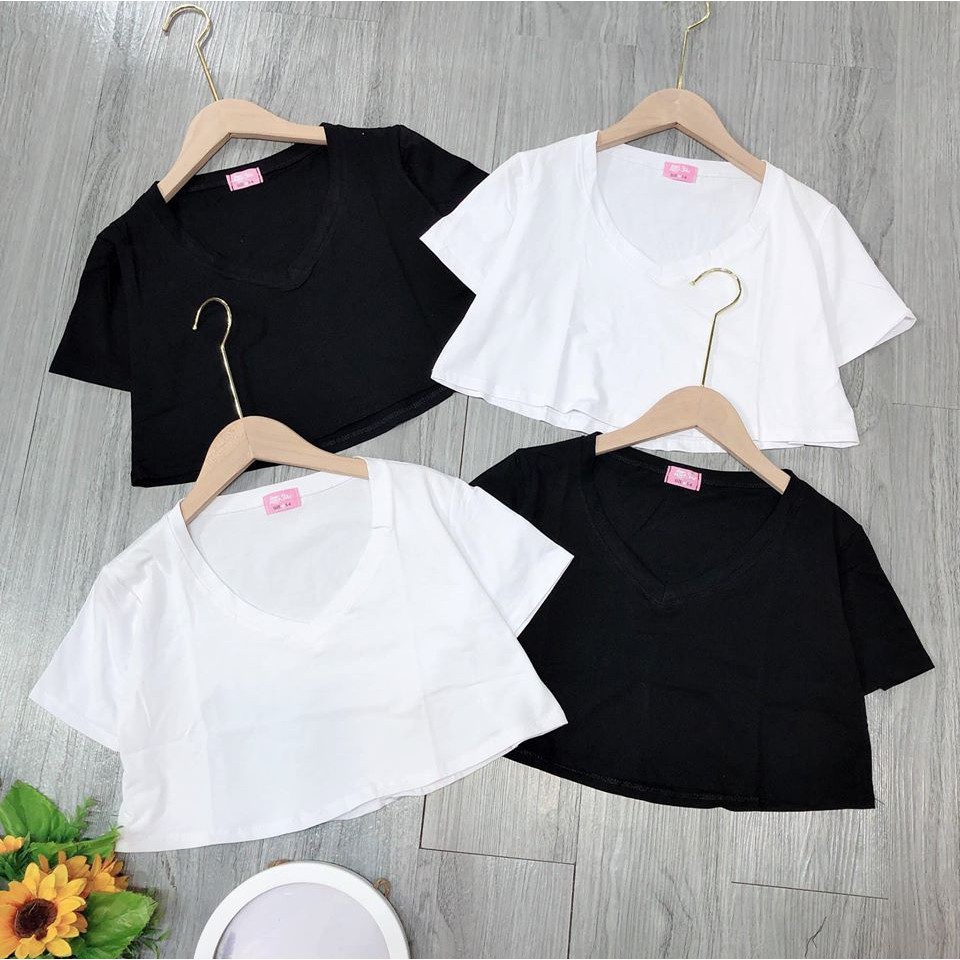 Áo crotop cộc tay from rộng, cổ tim dễ phối đồ