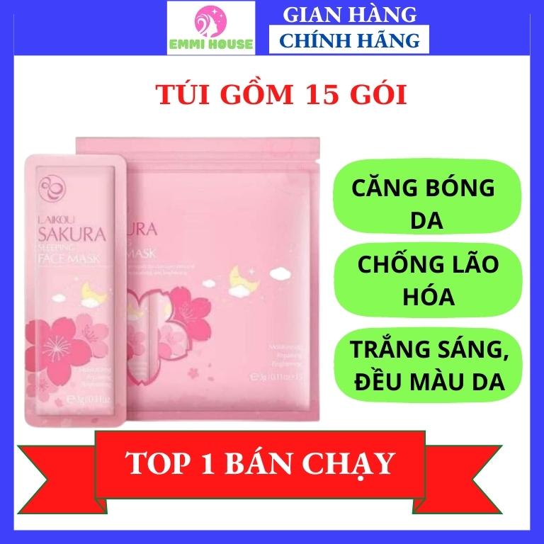 Túi gồm 15 gói mặt nạ ngủ Sakura hoa anh đào Laikou phục hồi và tái tạo da, trắng sáng da
