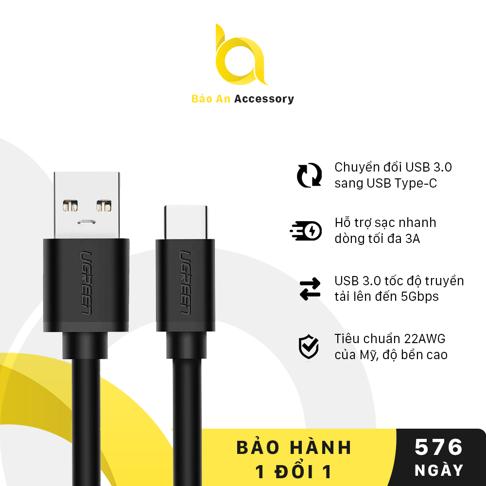 Cáp sạc và truyền dữ liệu nhanh usb 3.0 sang usb type-c ugreen us184 - hàng chính hãng