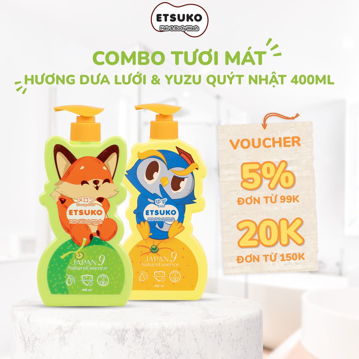 Combo 2 chai tắm gội etsuko hương dưa lưới + hương yuzu quýt nhật 400ml