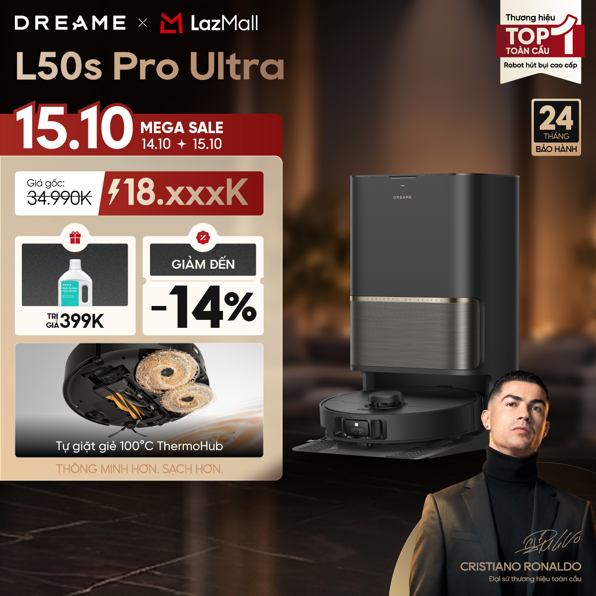 Dreame L50S Pro Ultra Smart Robot Vacuum Cleaner |   Maximum Suction Force 30,000Pa |   Wash Rags with Hot Water at 100ºc |   24-Month Warranty