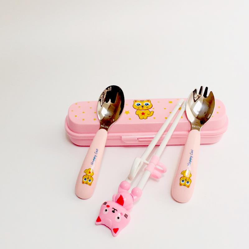 Bộ đũa thìa dĩa ăn dặm inox Happycat Hàn Quốc