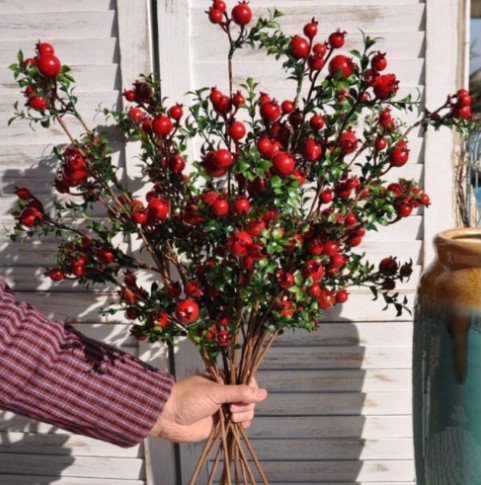 Cành lựu giả trái nhỏ trang trí màu đỏ cao 75cm 15-18 quả lớn bé