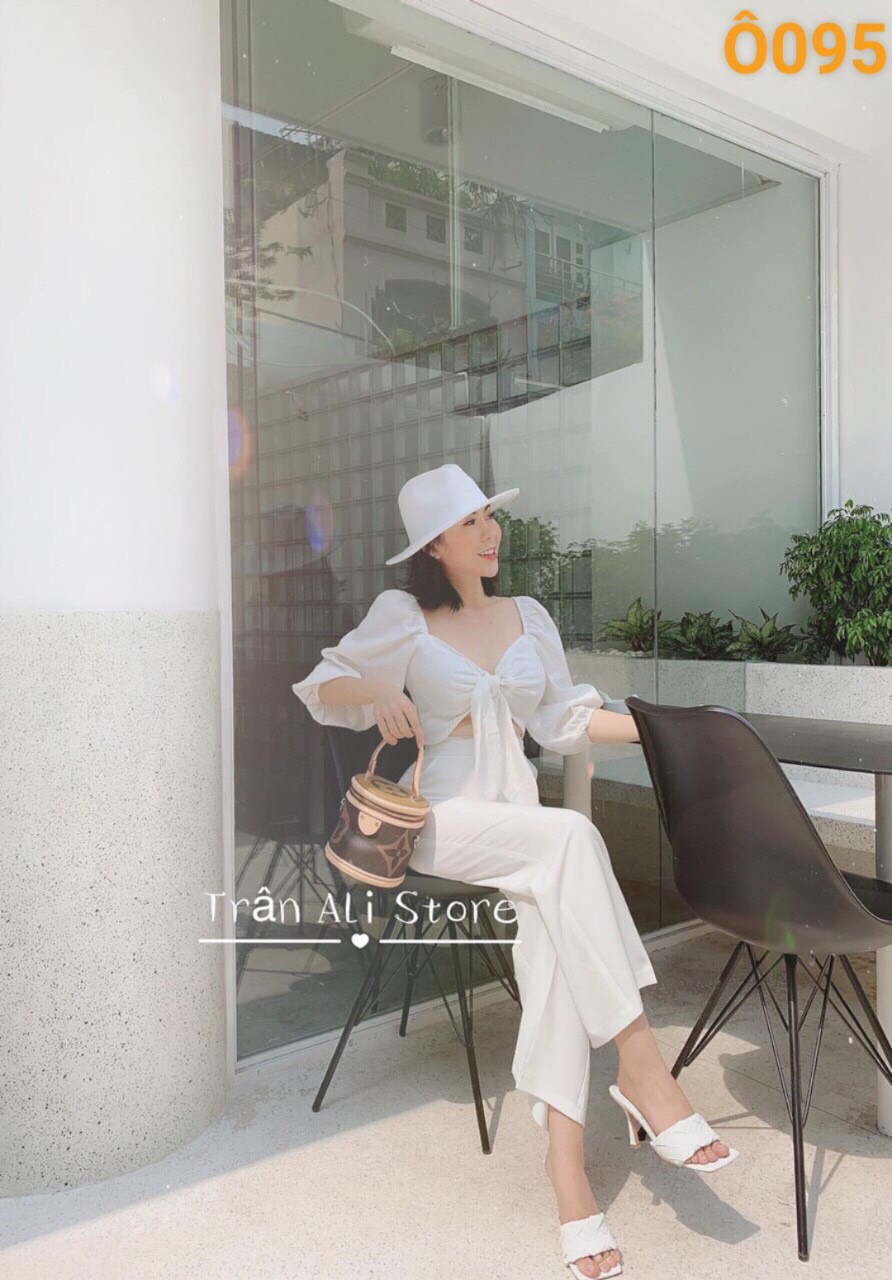 Set bộ nữ áo croptop nơ ngực tay lỡ quần dài