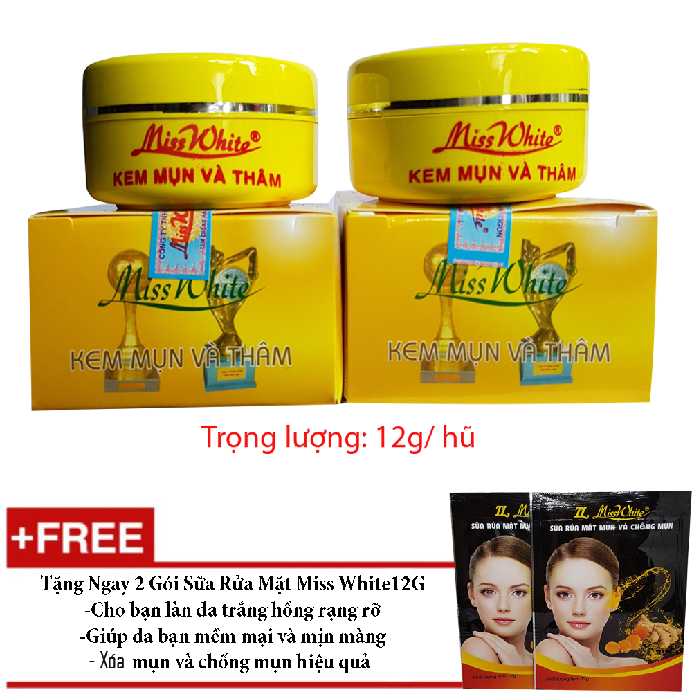 Combo 2 Kem Mụn Và Thâm Miss White 12g + Tặng 2 Gói Sữa Rửa Mặt Miss White