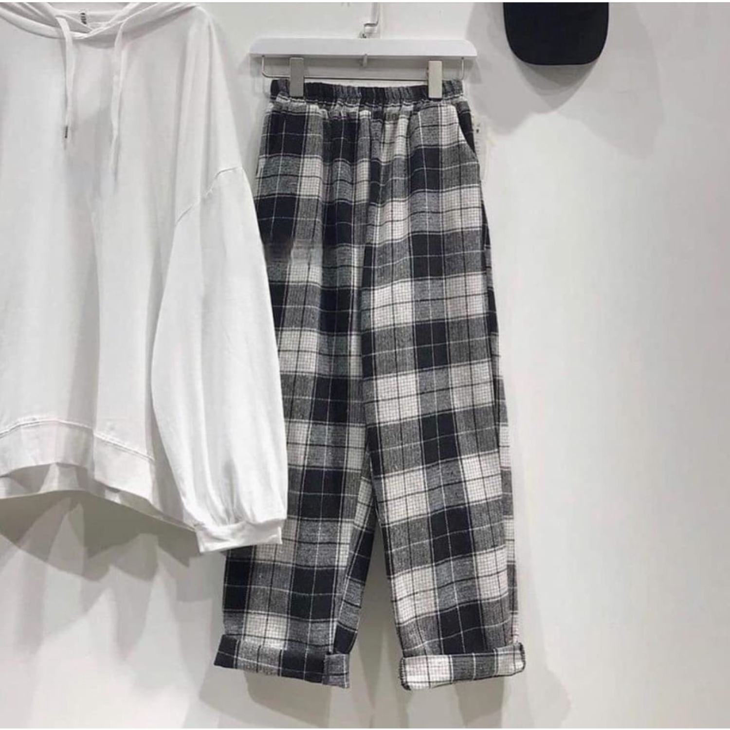 Q002 - Quần ống rộng thô đũi kẻ caro cạp chun lưng cao cute, quần culottes ống suông dài karo vintage retro nam nữ