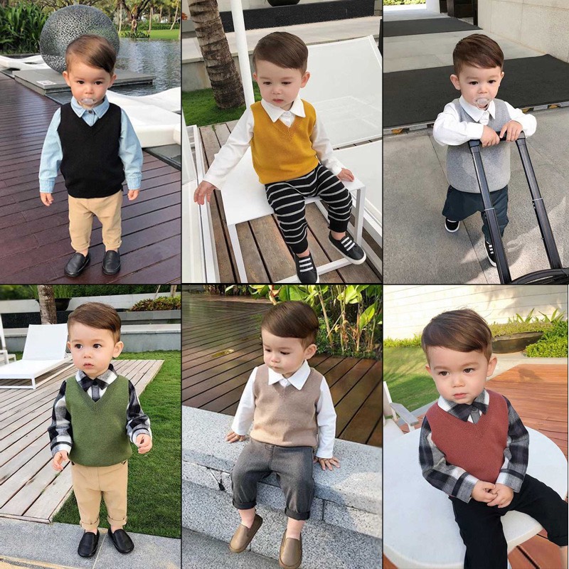 Áo gile len gile lông cừu cổ tim trơn gi lê cho bé trai bé gái chất cực mềm 1-8 tuổi