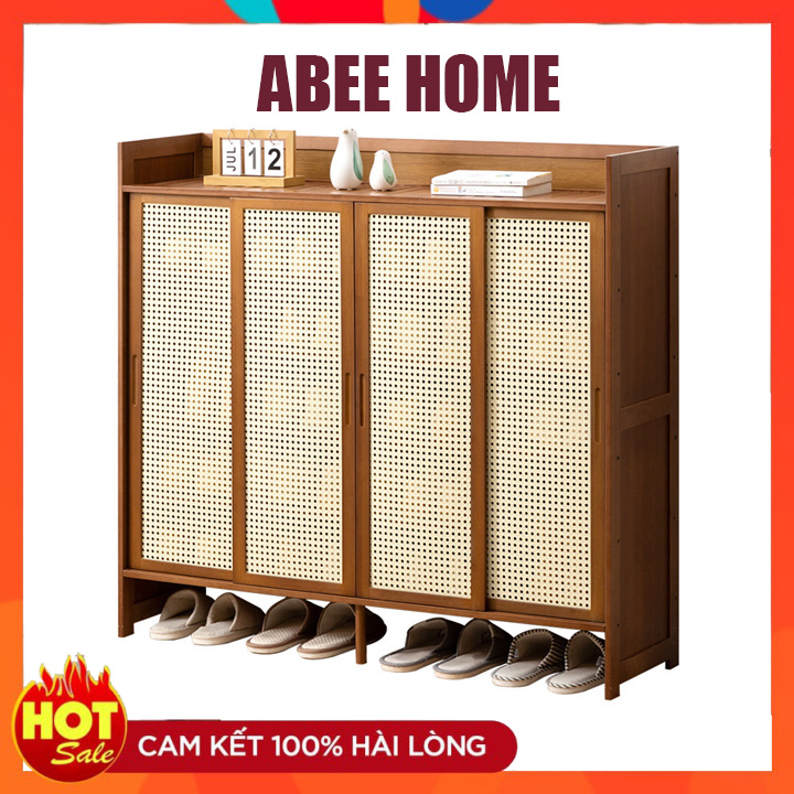 Tủ giày gỗ cao cấp phong cách hiện đại, tủ giày cửa lùa chất liệu mây tre đan thông minh, kệ để giày gỗ tre đan