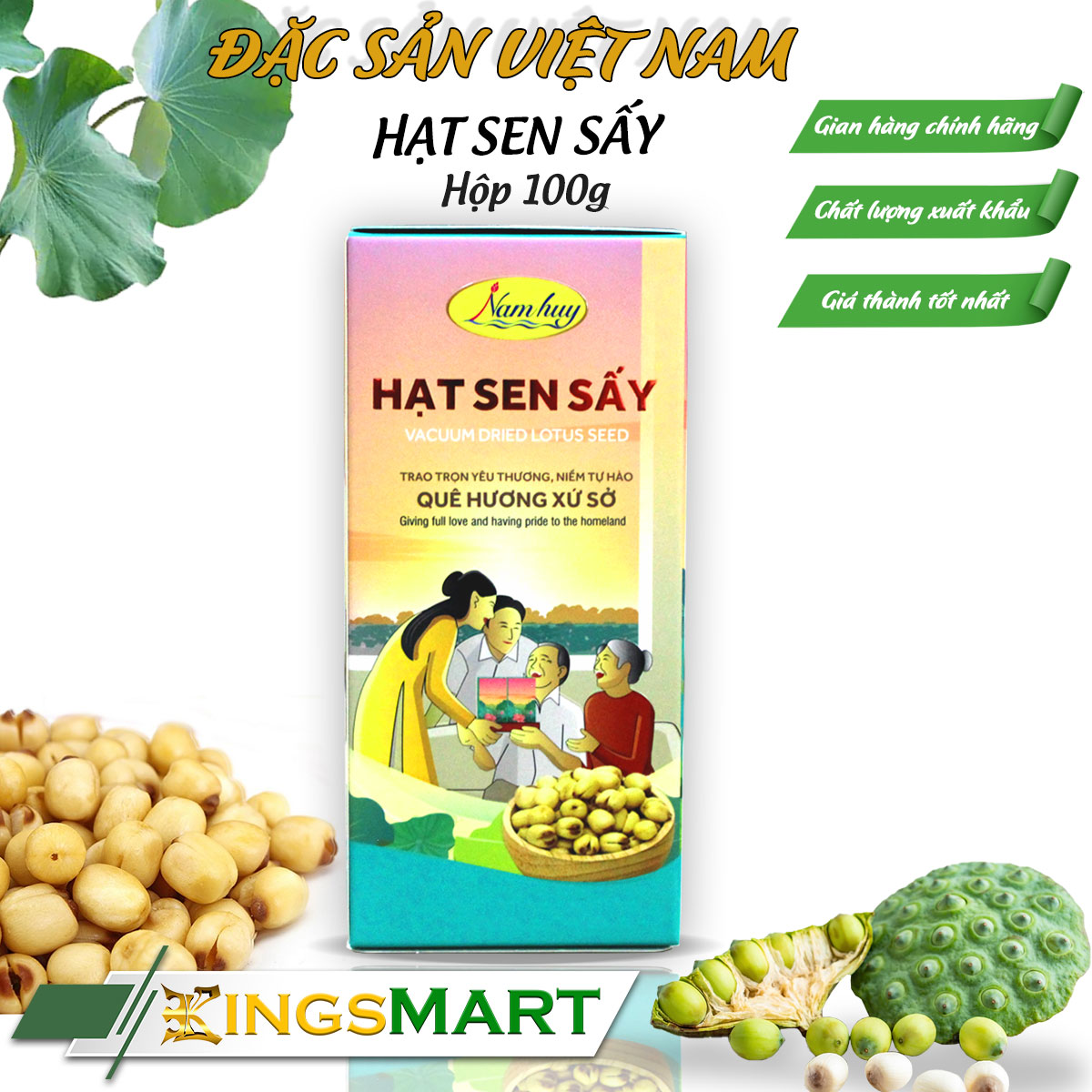 Hạt Sen Sấy Chuẩn OCOP - Thương hiệu Nam Huy - Đặc sản Đồng Tháp - Hộp 100g - Kingsmart