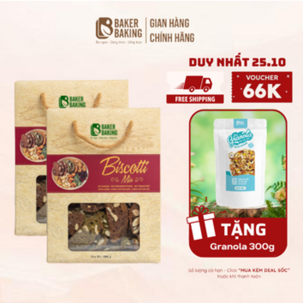 Combo hai hộp bánh Baker Baking biscotti nguyên cám mix 3 vị hỗ trợ ăn kiêng dành cho người béo, tiểu đường