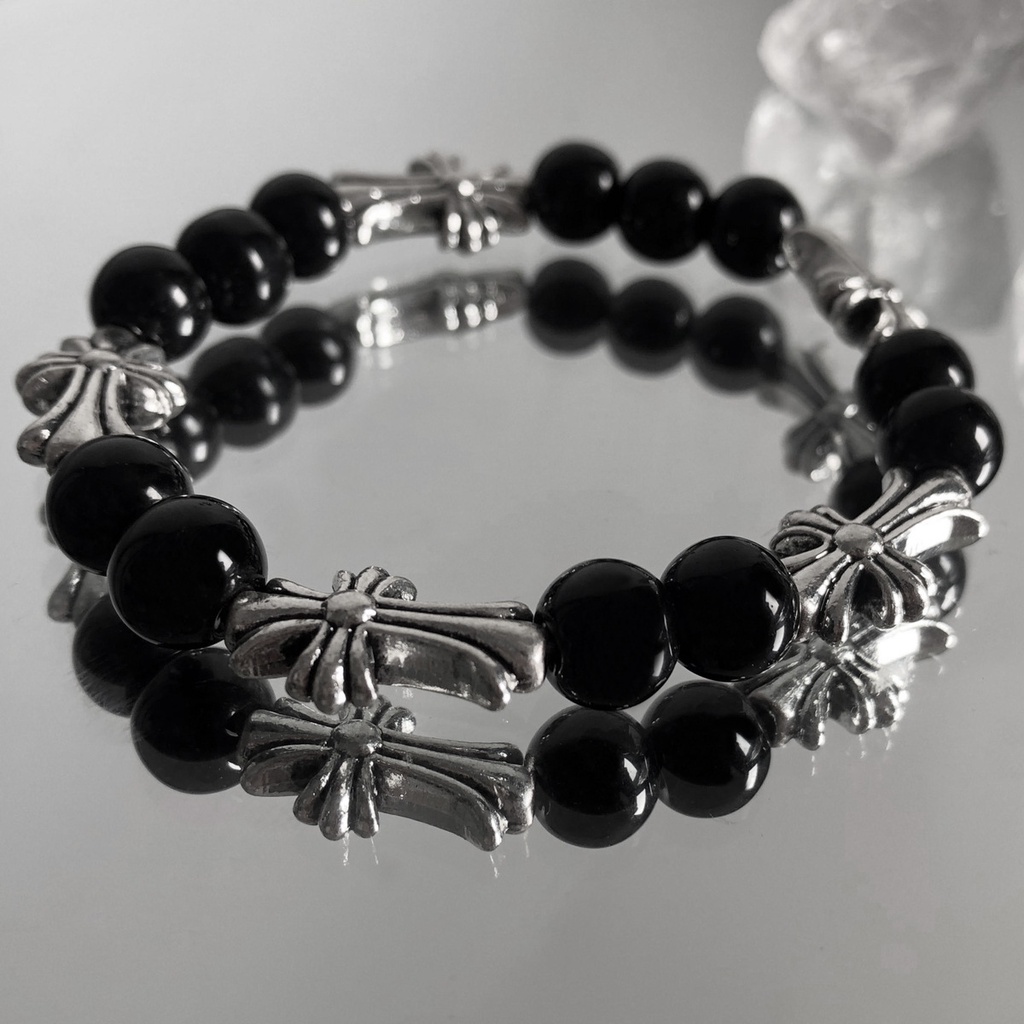 Lắc tay unisex Chrome Heart đá đen fullbox cao cấp -Chrome Heart Shop