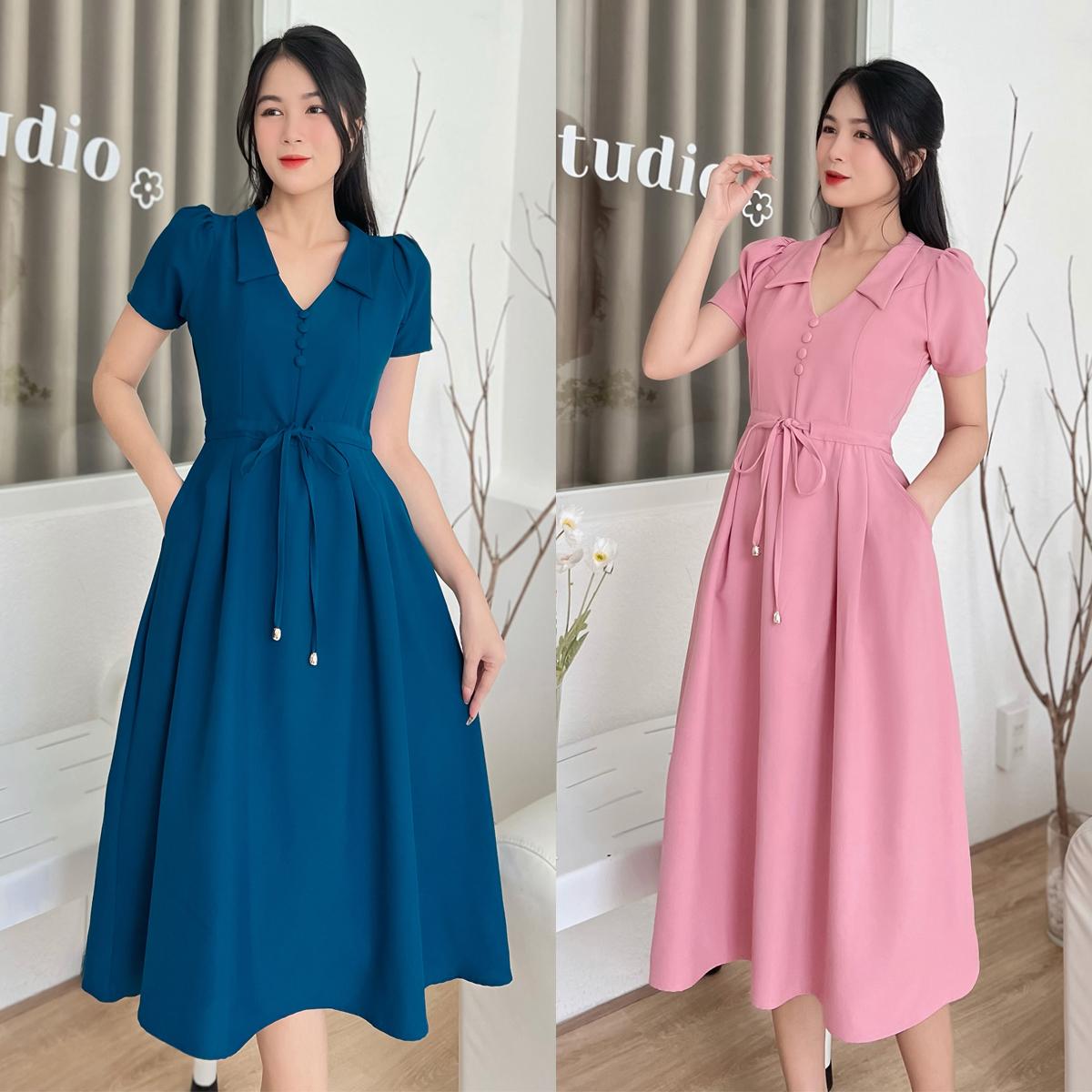 Đầm cổ bẻ xếp li phá cách D099 - Lady Fashion