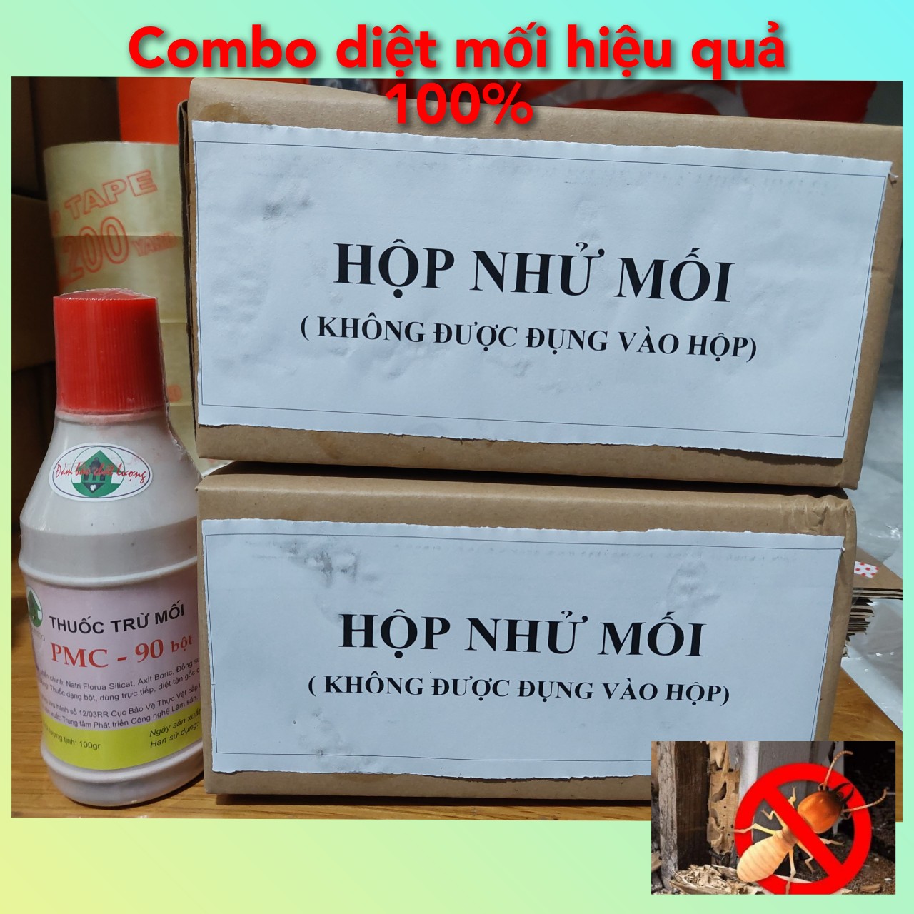 (Thuốc tốt) - Combo diệt mối sinh học PMC: 2 Hộp nhử mối + 1 chai thuốc diệt mối tận gốc PMC 90 bột màu đỏ