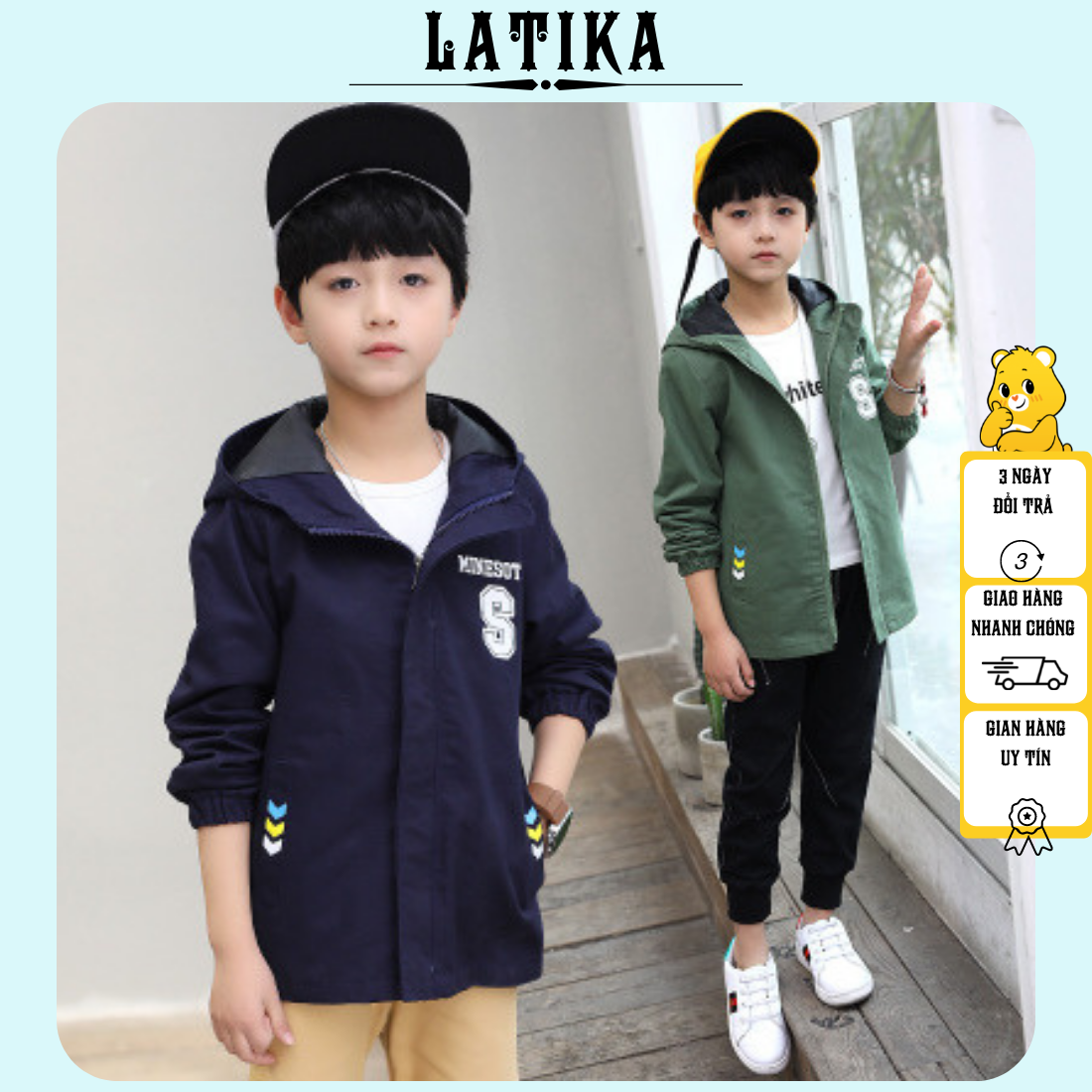 Áo khoác bé trai dù 2 lớp in chữ thời trang 5-14 tuổi thiết kế đáng yêu túi phối cá tính LATIKA D533