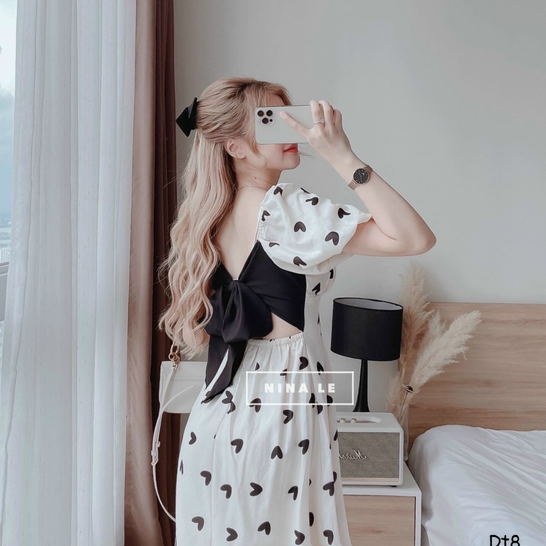 Đầm lụa phối họa tiết xinh xắn đáng iu như hình ld22
