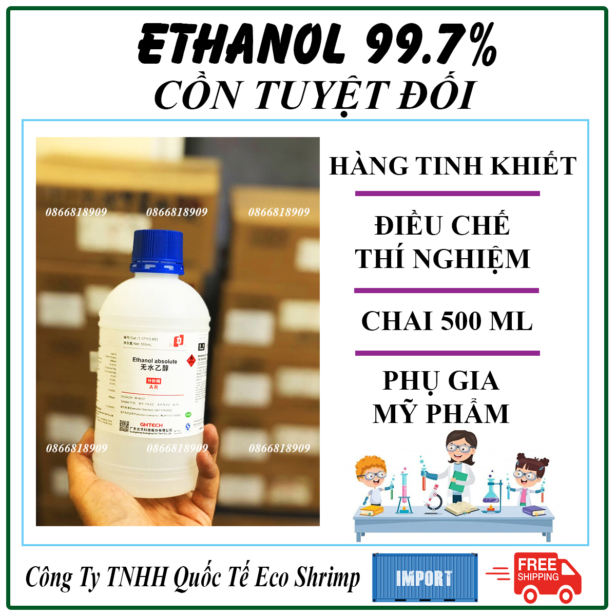 Ethanol 99.7% Cồn Tuyệt Đối Thí Nghiệm - Làm Mỹ Phẩm Handmade Chai 500ml