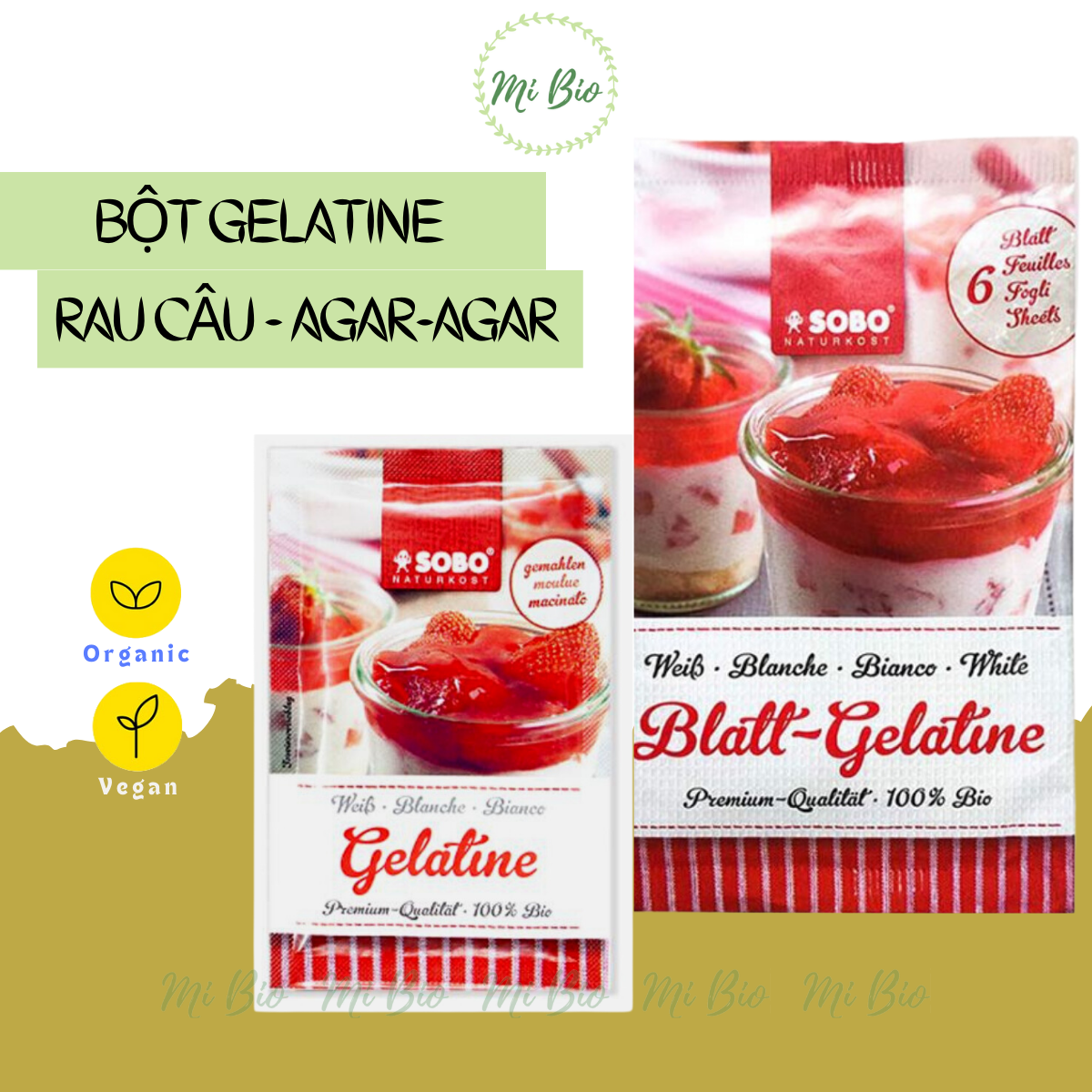 Gelatine hữu cơ dạng bột và dạng lá làm thạch - Sobo