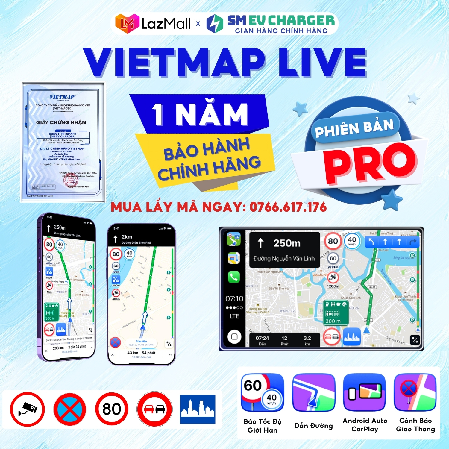 Ứng dụng Vietmap Live Pro Trợ lý Cảnh báo giao thông - SMEV - Hàng chính hãng