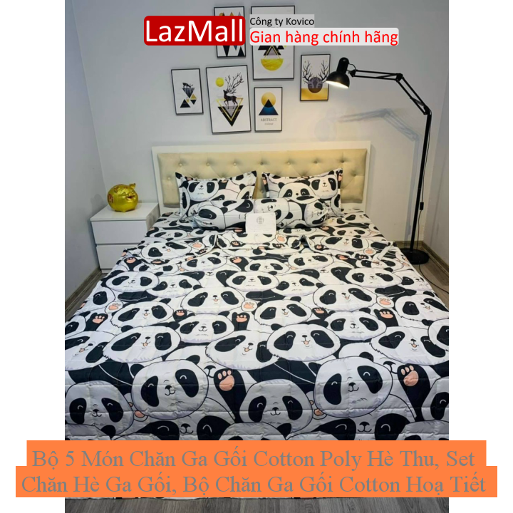 Bộ 5 món chăn ga gối cotton poly hè thu, set chăn hè ga gối, bộ chăn ga gối cotton hoạ tiết sinh động đủ kích thước m2/m4/m6/m8/2m2