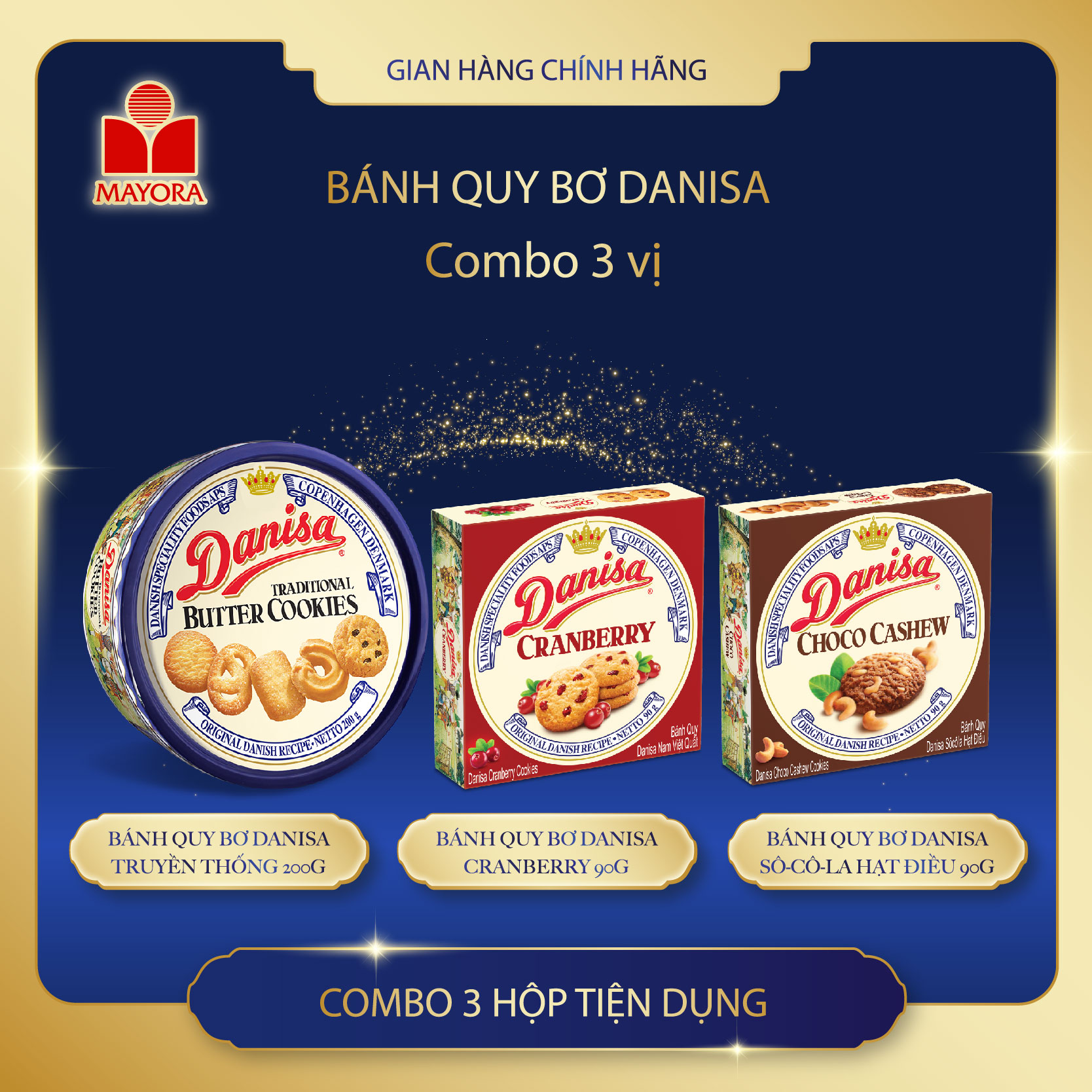 Combo 3 loại bánh quy bơ danisa: truyền thống 200g + nam việt quất 90g + sôcôla hạt điều 90g