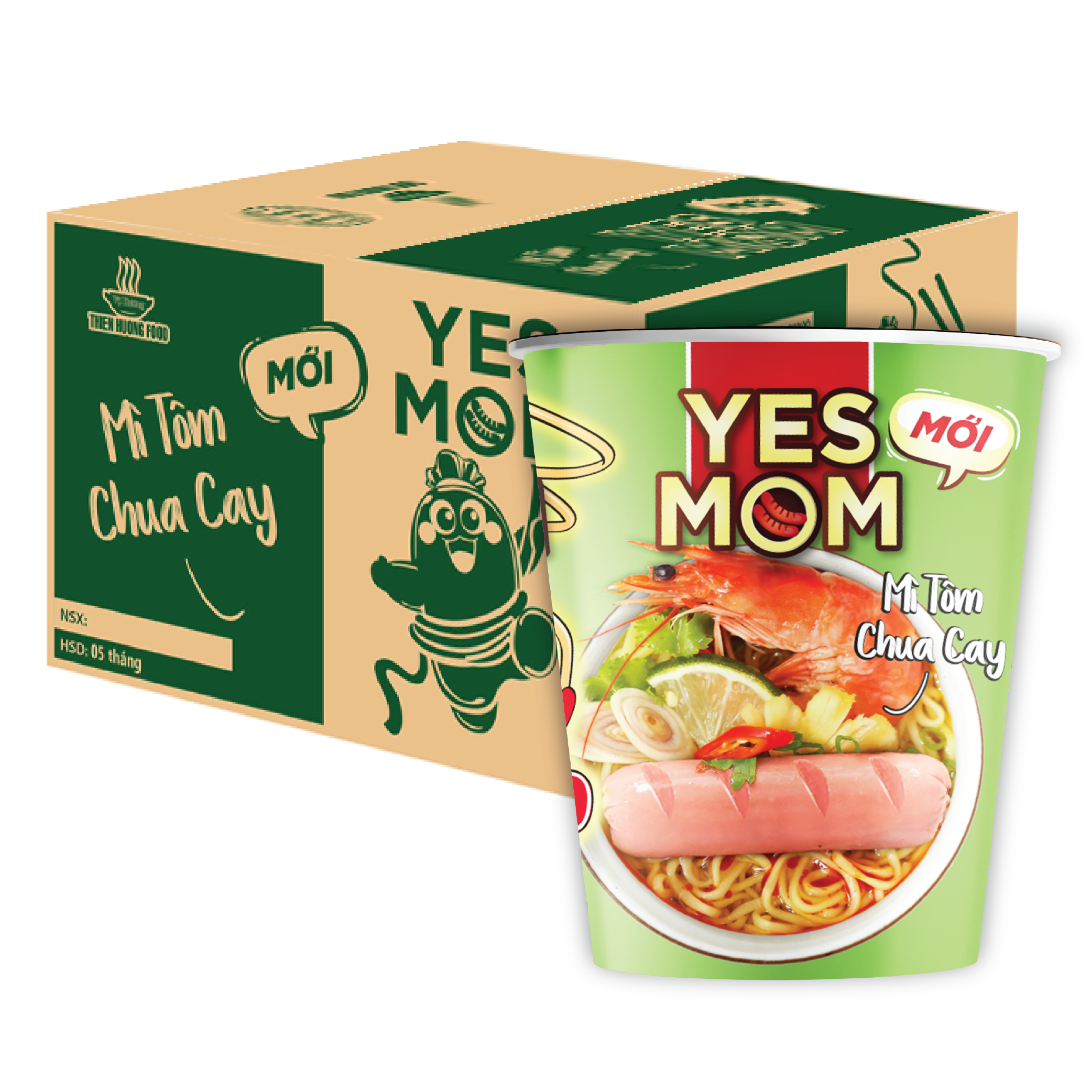 Thùng 24 ly mì tôm chua cay yes mom có xúc xích 76g/ly