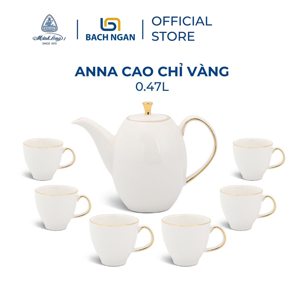 Bộ Ấm Trà Cao Minh Long 0.47L Anna Chỉ Vàng 24K Minh Long hàng đẹp, sang trọng đãi khách, quà tặng - 6 tách