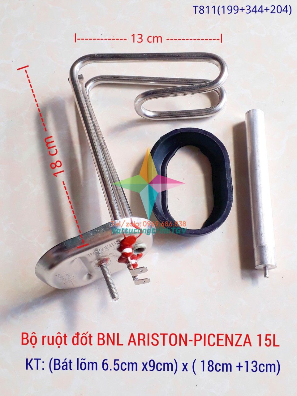 Bộ ruột đốt đa năng Bình nóng lạnh ARISTON-PICENZA 15L-30L bát 6,5cm x 18cm+13cm + Zoăng + Thanh magie 3mm(199+344+204)