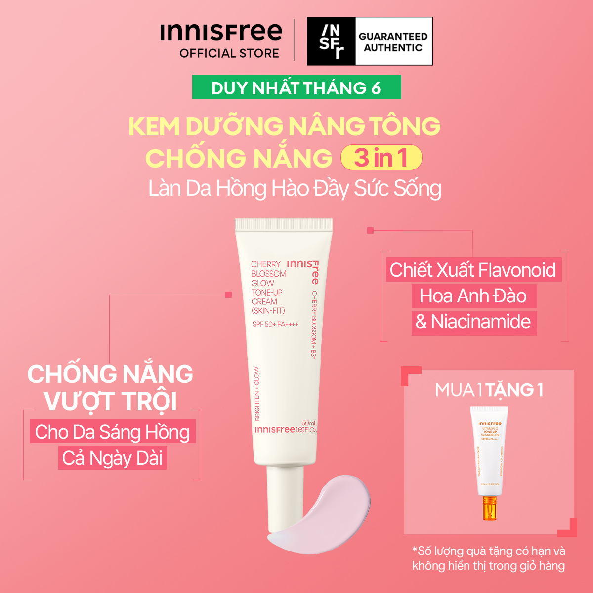 Kem dưỡng ẩm làm sáng chống nắng cho da INNISFREE Jeju Cherry Blossom Skin-Fit Tone-Up Cream SPF 50+PA++++ 50ml
