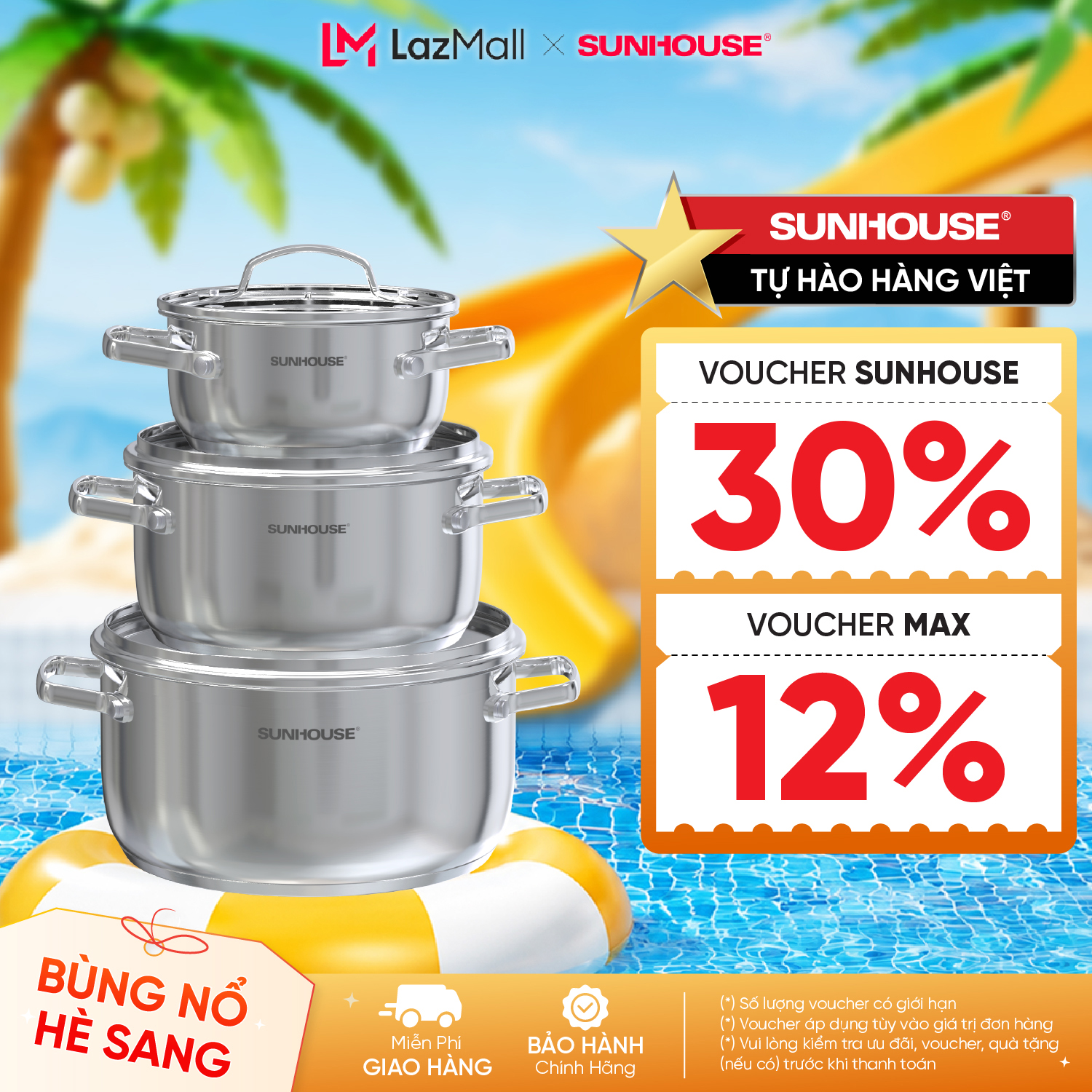 Bộ nồi Inox 304 Sunhouse Healthy SHG605 - Gồm 3 nồi size 16,20,24cm -Đáy từ 3 lớp - Inox 304 - Phù hợp mọi loại bếp