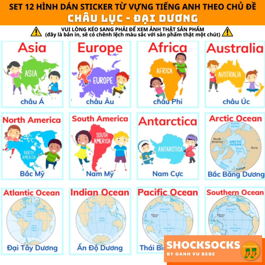🔥SET 12 miếng dán stickers từ vựng tiếng Anh chủ đề CHÂU LỤC ĐẠI DƯƠNG ĐỊA LÝ 🔥