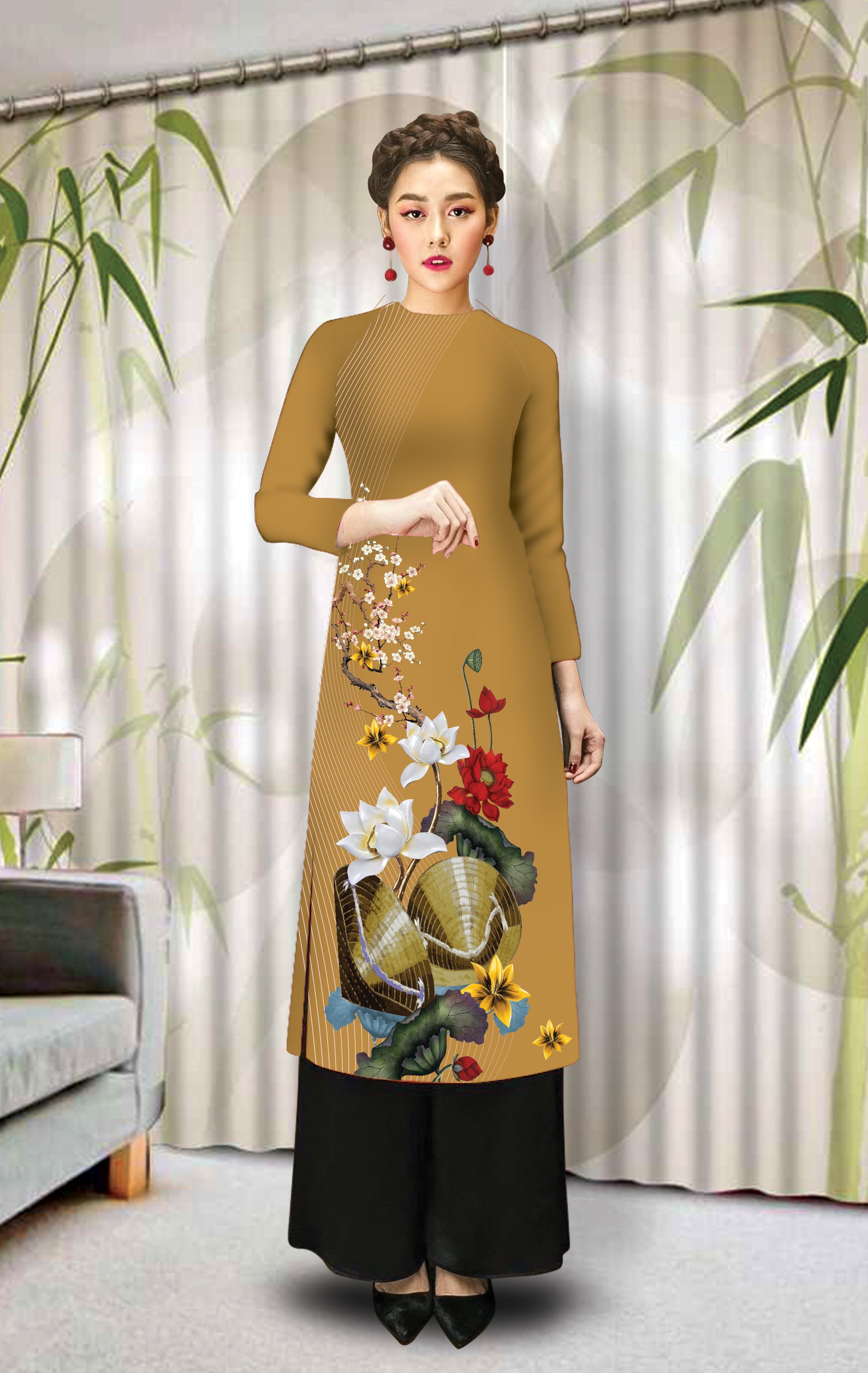 [HCM]ÁO DÀI CÁCH TÂN IN NÓN LÁ VN CAO CẤP - KHÔNG KÈM QUẦN