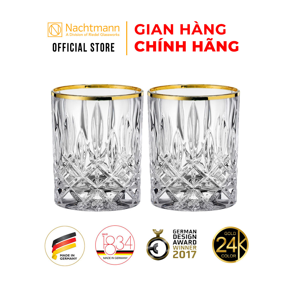 Bộ 2 ly pha lê whisky Nachtmann Noblesse viền màu vàng -Hàng chính hãng