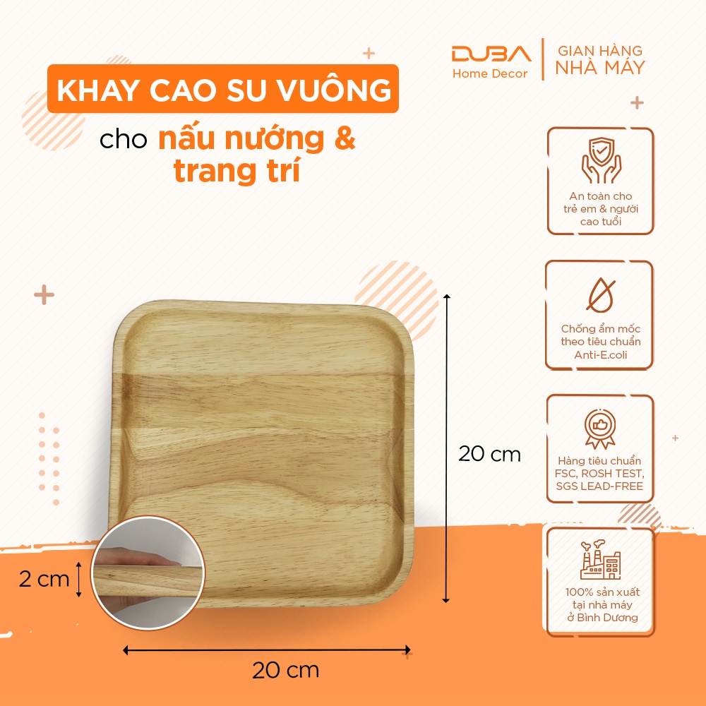 Khay gỗ cao su decor hình vuông 20x20, thớt gỗ trang trí hình vuông thích hợp trang trí không gian quán cà phê hoặc nhà hàng màu tự nhiên đạt chuẩn xuất khẩu