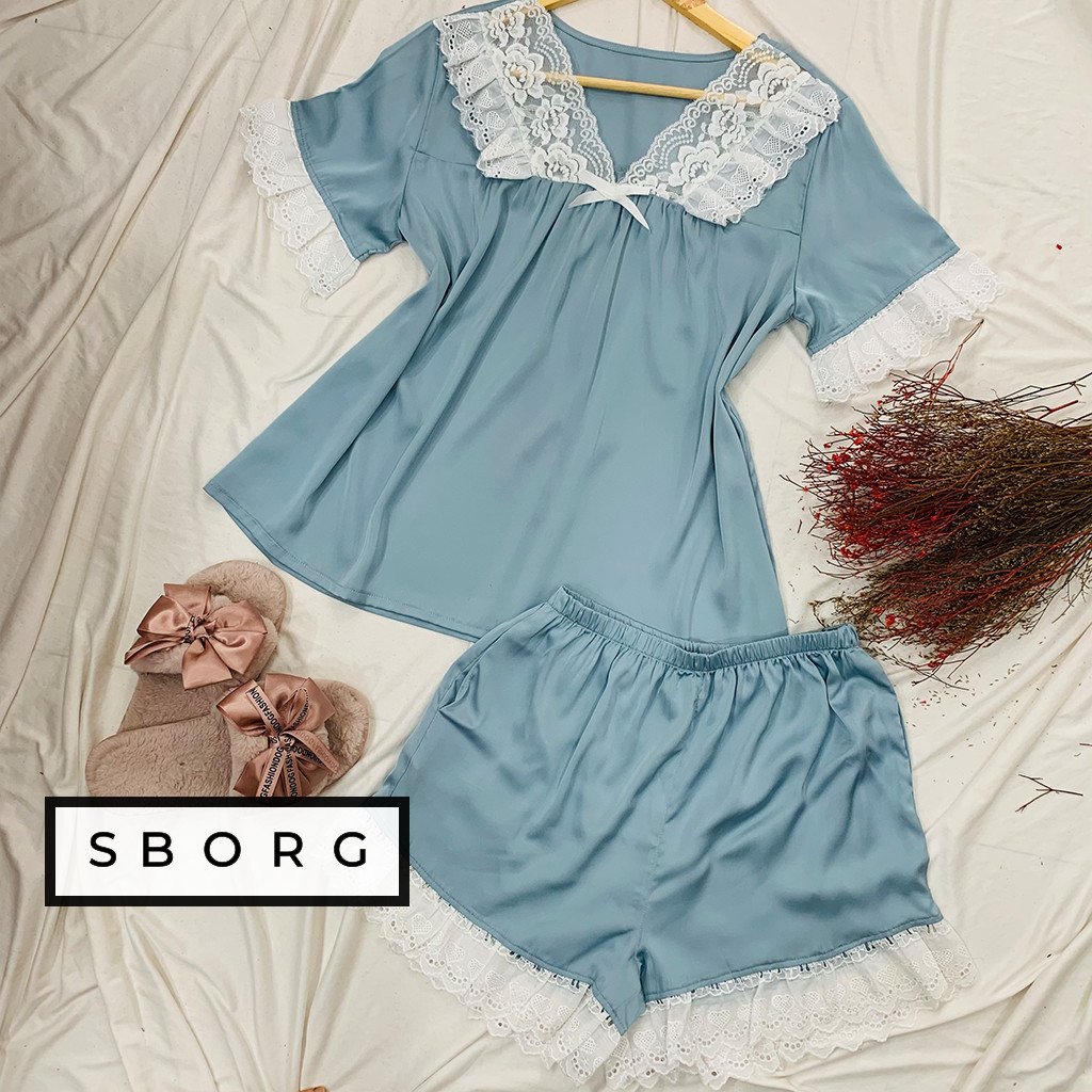 Đồ bộ mặc nhà SBORG bộ ngủ lụa latin áo cổ tim viền ren cute dễ thương phối quần đùi có túi freesize 65kg quà tặng vợ thoải mái mặc nhà mặc ngủ