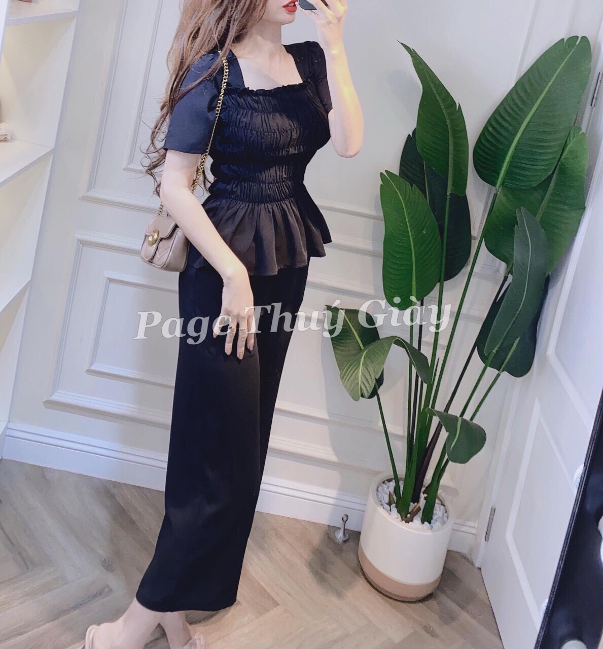 Set bộ nữ quần ống rộng áo tay ngắn cổ vuông xòe eo